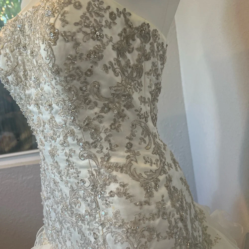 Oleg Cassini Organza Drop Waist Beaded Wedding Dress - Picture 4 of 12